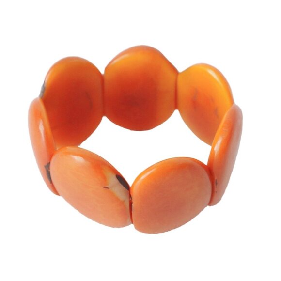 Tagua Nut Wide Cuff Bracelet Red Orange Oval Bean Shape Handmade Ecuador - Picture 5 of 5